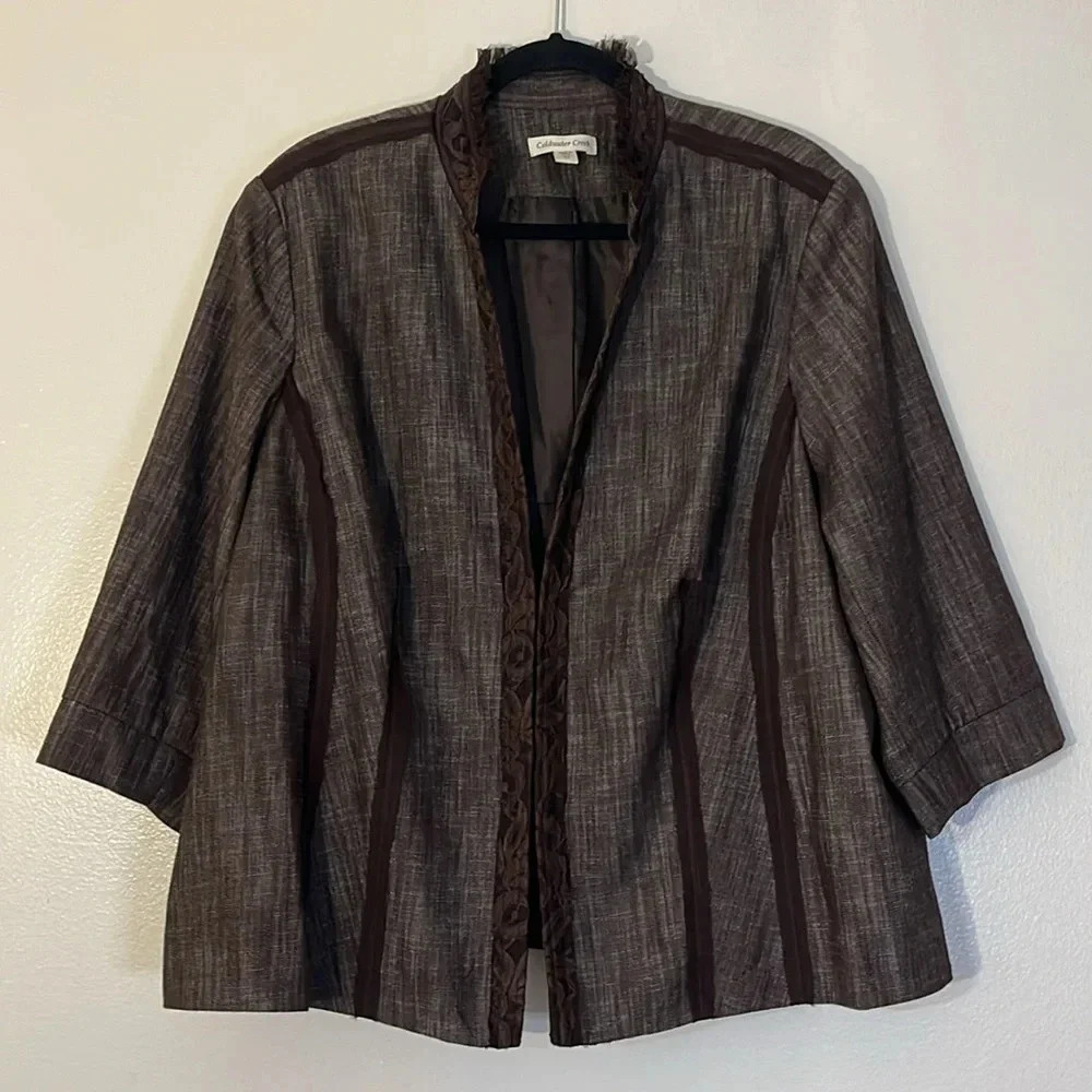 Coldwater Creek | Brown jacket/blazer with lace trim Women’s size 24 linen look - Picture 5 of 11
